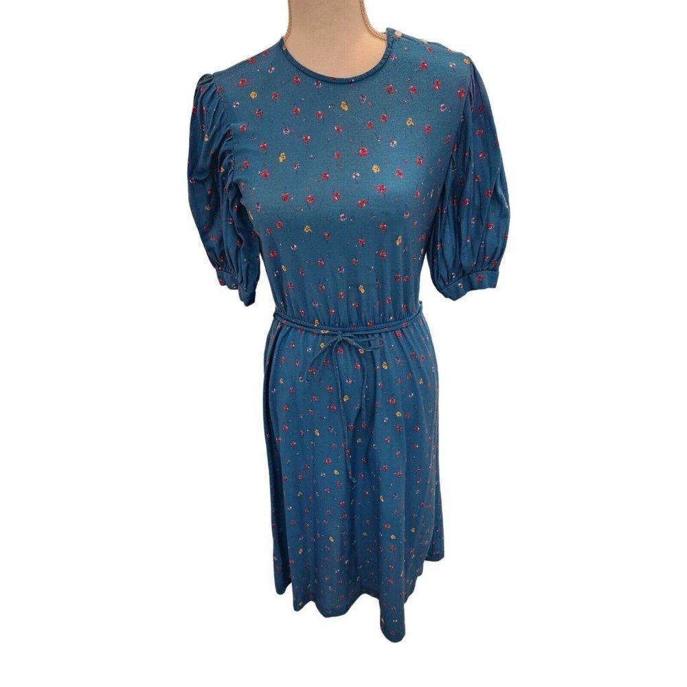 Vintage 70's Oops California Blue Floral Pleated Puff Sleeve Midi Dress M